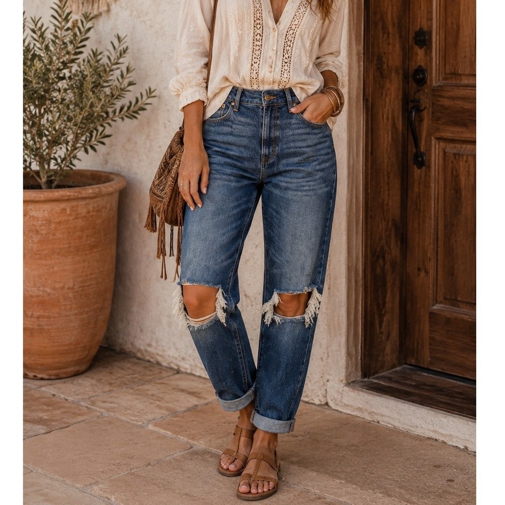 No Boundaries Jr Size 21 Jeans Super High Rise Mom Destructed Relaxed Dark Wash